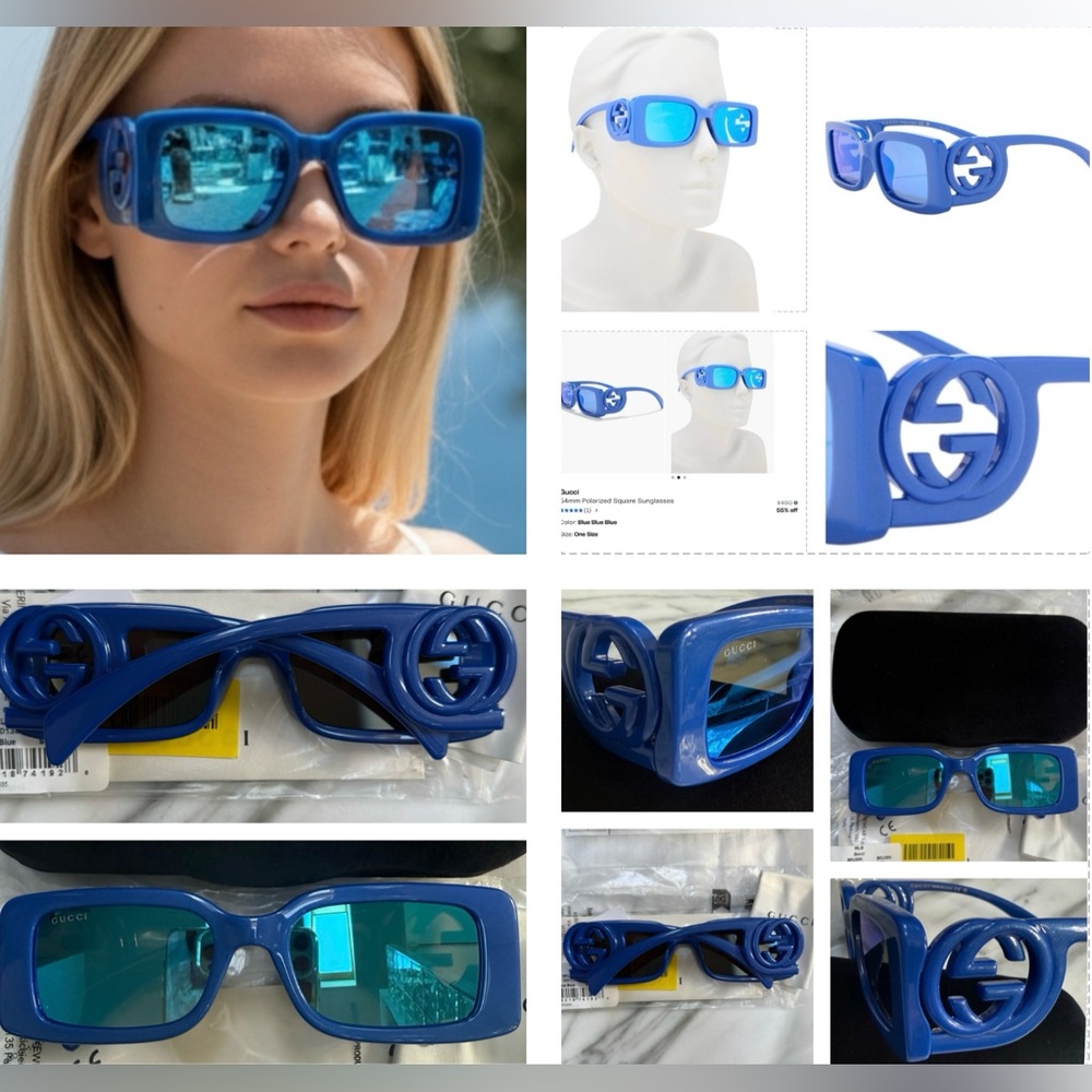 GUCCI SUNGLASSES STRIKING BLUE RECTANGULAR SUNGLASSES WITH BLUE MIRROR LENSES - Picture 12 of 16